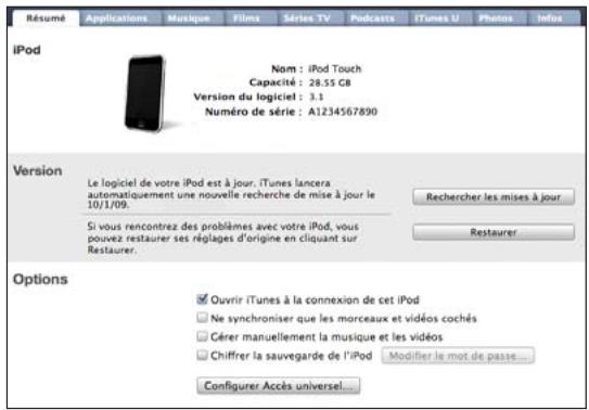 APPLE Touch 8G MCO86NF - Volets des réglages iPod touch dans iTunes - 1