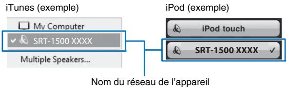 YAMAHA SRT-1500 - Sur l'iTunes/iPod, cliquez (touchez) I'icone AirPlay et selectionnez l'appareil (nom du réseau de l'appareil) comme périphérique de sortie audio. - 1