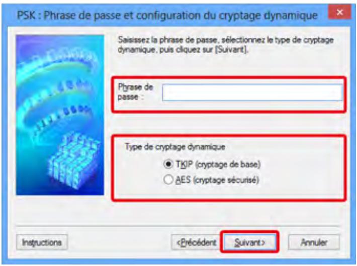 CANON MX535 - Entrez la phrase de passer, confirmez le type de cryptage dynamique et cliquez sur Suivant>. - 1
