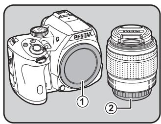 PENTAX K-500 - Retirez le bouchon de boîtier (1) et le cache de la monture de l'objet (2). - 1