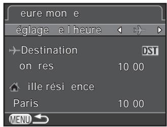 PENTAX K-500 - Utilisez le bouton de navigation (▶) pour selectionner (Destination) ou (Ville résidence) pour [Réglage de l'heure]. - 1