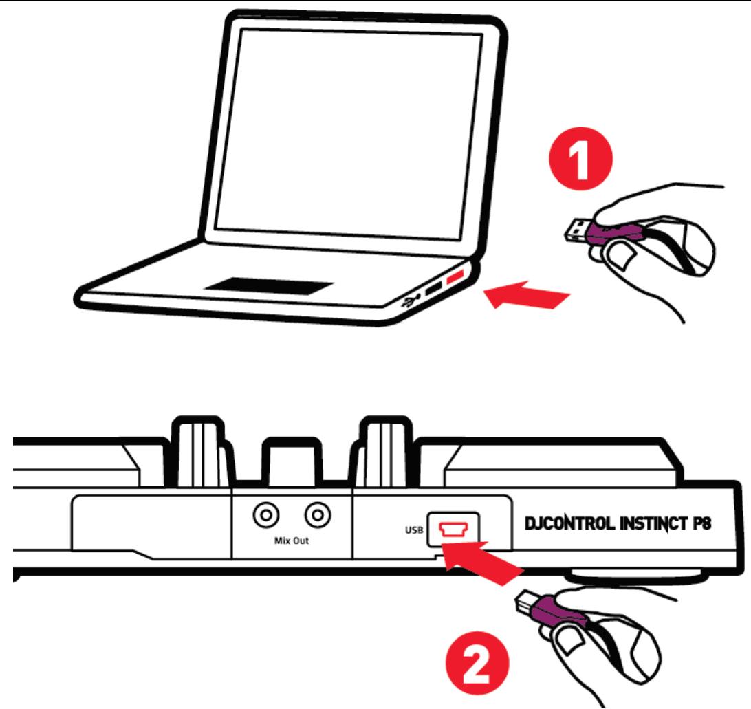 HERCULES Dj CONTROL INSTINCT P8 - Branchement sur l'ordinateur (connexion USB) - 1