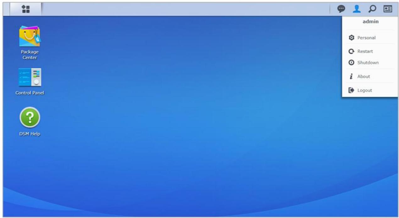 SYNOLOGY DS220 - Arrêt, redémarrage, déconnexion ou gestion des paramètres personnels - 1
