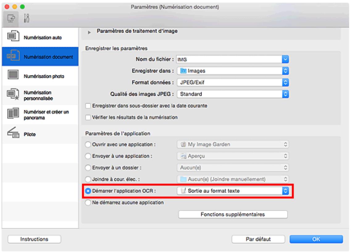CANON G2501 - Sélectionnez Demarrer l'application OCR dans Paramètres de l'application, puis sélectionnez l'application dans laquelle vous souhaitez afficher le résultat. - 1