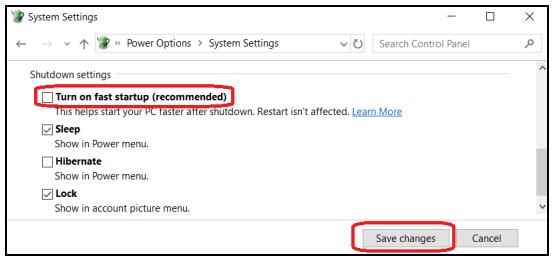NITRO AN515-42-R6Y5 - 5.Faites défilier la fenêtre vers le bas et désactivez [Turn on fast startup] (Activer le démarrage rapide). - 1