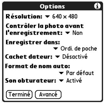 PALM Zire71 - Pour définiir les options de l'appareil photo : - 1