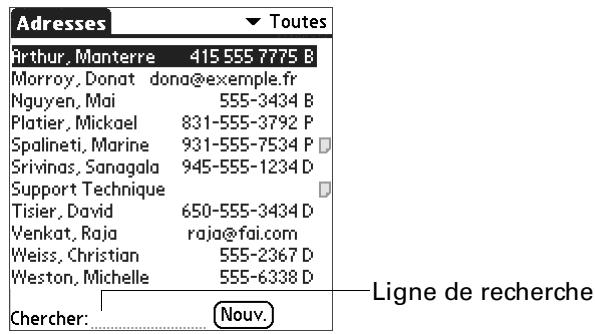 PALM Zire71 - Pour rechercher un enregistrement dans Adresses avec le stylet : - 1