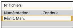 CANON 800D - [Réinit. Man.]: Si vous désírez ramener la numérotation des fichiers à 0001 ou pour démarrer à partir du numéro de fichier 0001 dans un nouveau dossier. - 1