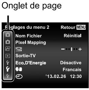 OLYMPUS SZ-16 - Appuyez sur  pourmettre les onglets de page en surbrillance. Utilisez  pour selectionner la page souhaitee puis appuyez sur - 1