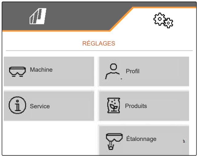 AMAZONE Logiciel ISOBUS ZG-TX - Le menu "Réglages" se compose des sous-menus suivants : - 1