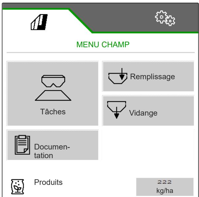 AMAZONE Logiciel ISOBUS ZG-TX - Le menu "Champ" est composé des sous-menus suivants : - 1