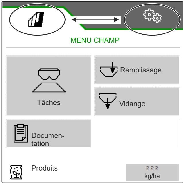 AMAZONE Logiciel ISOBUS ZG-TX - Passer entre le menu champ et les réglages - 1