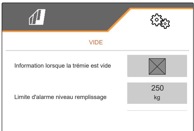 AMAZONE Logiciel ISOBUS ZG-TX - Saisir la limite d'alarme pour le niveau de replissage de la trémie - 1