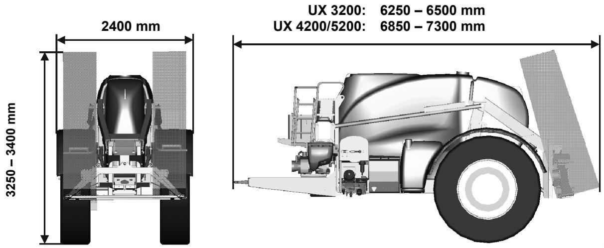 AMAZONE UX 3200 Special - Dimensions du pulvérisateur UX avec rampe de pulvérisation Super S - 1
