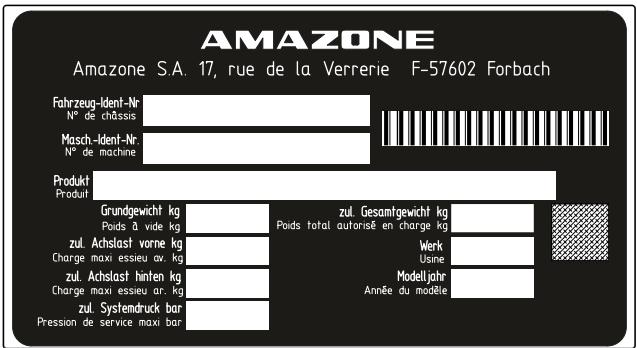 AMAZONE Profihopper 1500 SmartLine - La plaque signalétique comporte les indications suivantes : - 1
