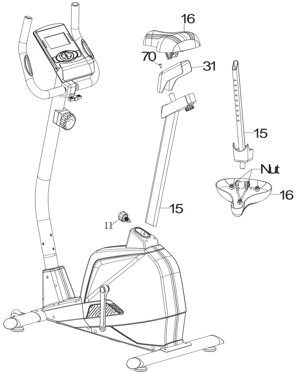 Technical diagram of a stationary exercise machine with labeled parts including 16, 70, 31, 15, 16, and Nut.
