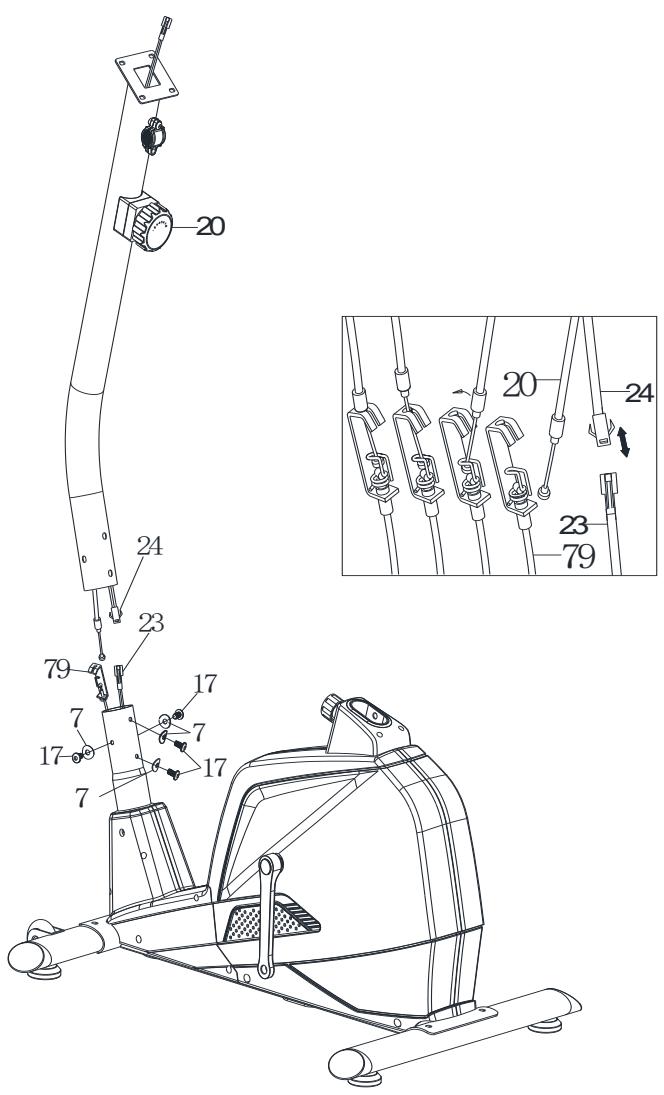 Technical diagram of an exercise machine with numbered components and a detailed inset showing internal parts with labels 20, 23, 24, 79.