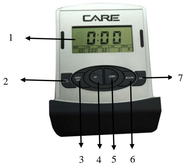 CARE 0:00 OFF/35 TIME BUY TAL PULSE 00 0:00 00 0 P BODY FAT UP DOWN MEASURE 7 2 3 4 5 6