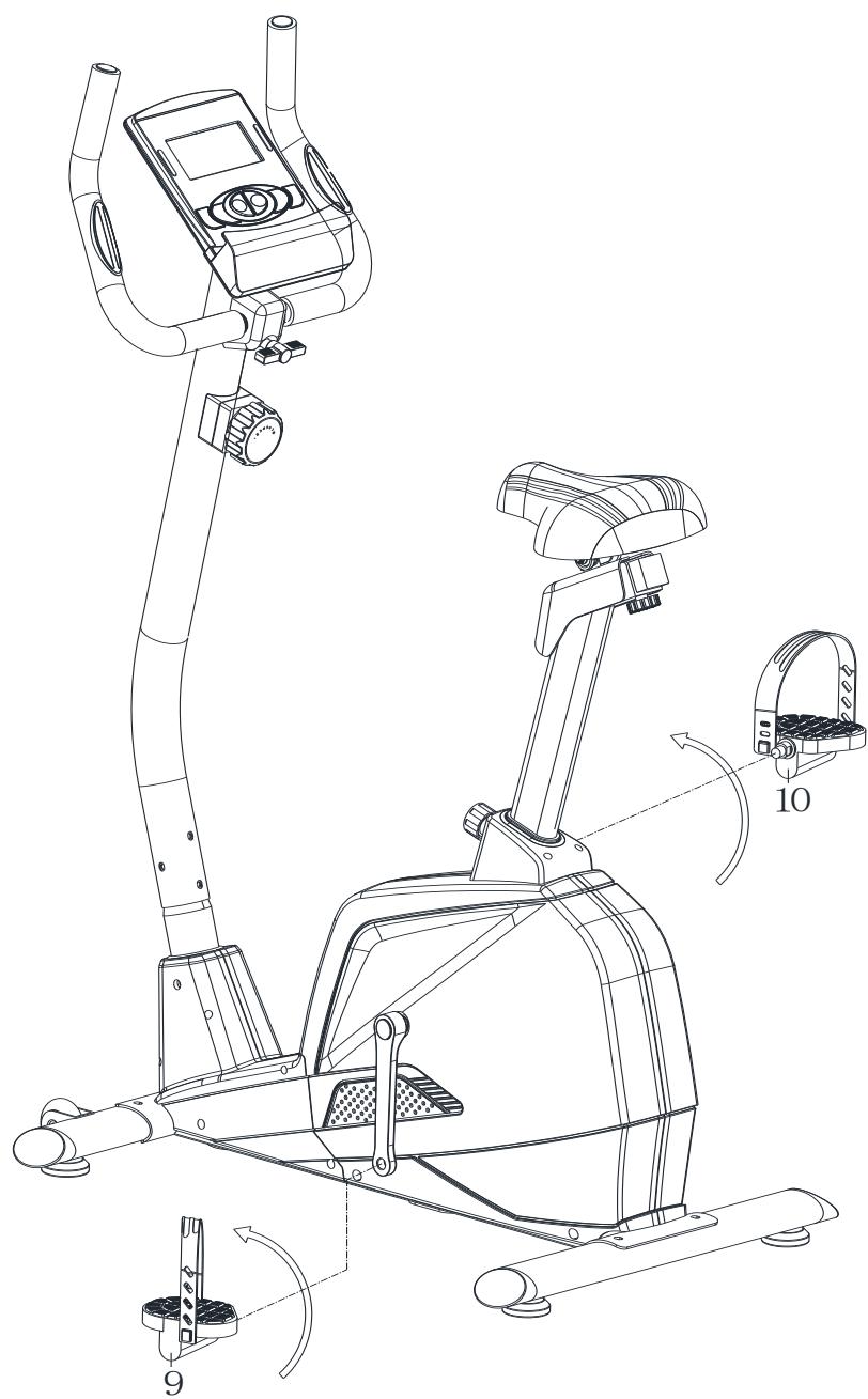 Technical line drawing of a stationary exercise bike with labeled components and motion indicators