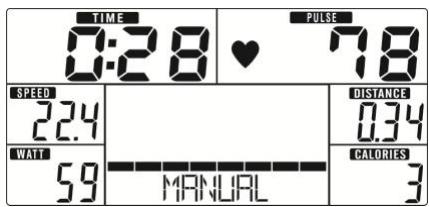 TIME 0:28 ♥ 7.8 SPEED 22.4 WATT 59 MANUAL DISTANCE 0.34 CALORIES 3