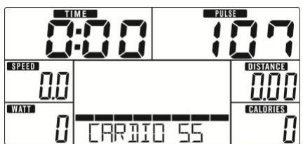 TIME 0:00 PULSE 107 SPEED 0.0 WATT 0 CARBIO 55 DISTANCE 0.00 CALORIES 0