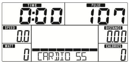 TIME 0:00 PULSE 10.7 SPEED 0.0 WATT 0 CARBIO 55 DISTANCE 0.00 CALORIES 0