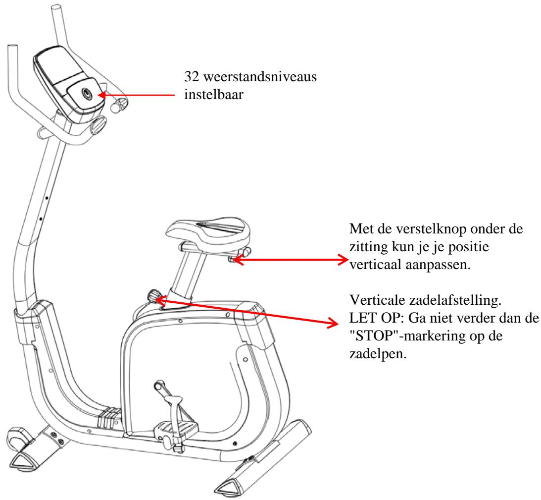 32 weerstandsniveaus instelbaar Met de verstelknop onder de zitting kun je je positie verticaal aanpassen. Verticale zadelafstelling. LET OP: Ga niet verder dan de "STOP"-markering op de zadelpen.