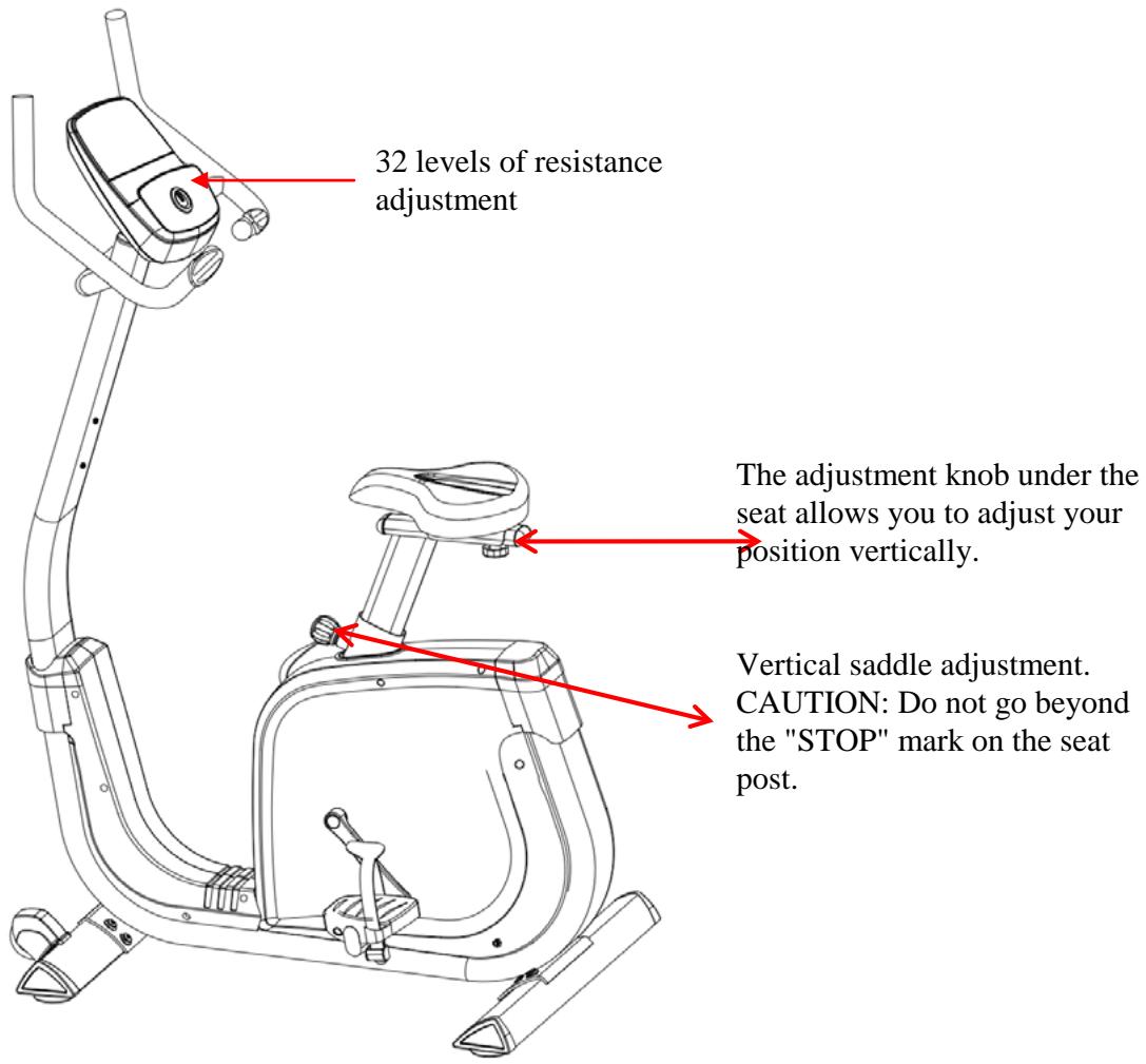 32 levels of resistance adjustment The adjustment knob under the seat allows you to adjust your position vertically. Vertical saddle adjustment. CAUTION: Do not go beyond the "STOP" mark on the seat post.