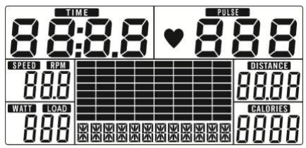 TIME 8:8:8.8 PULSE 8:8.8 SPEED RPM 0.00 WATT LOAD 0.00 DISTANCE 0.00 CALORIES 0.00