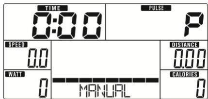 TIME 0:00 PULSE P SPEED 0.0 WATT 0 MANUAL DISTANCE 0.00 CALORIES 0