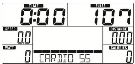 TIME 0:00 PULSE 107 SPEED 0.0 WATT 0 CARIO 55 DISTANCE 0.00 CALORIES 0