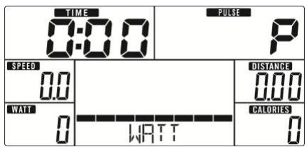 TIME 0:00 PULSE P SPEED 0.0 WATT 0 DISTANCE 0.00 CALORIES 0 WATT