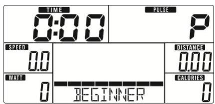 TIME 0:00 PULSE P SPEED 0.0 WATT 0 BEGINNER DISTANCE 0.00 CALORIES 0