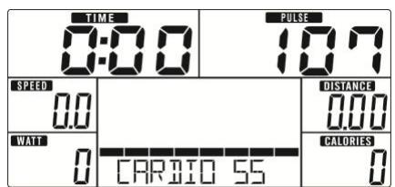 TIME 0:00 PULSE 10.7 SPEED 0.0 WATT 0 CARBIO 55 DISTANCE 0.00 CALORIES 0