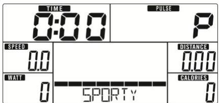 TIME 0:00 PULSE P SPEED 0.0 DISTANCE 0.00 WATT 0 SPORTY CALORIES 0