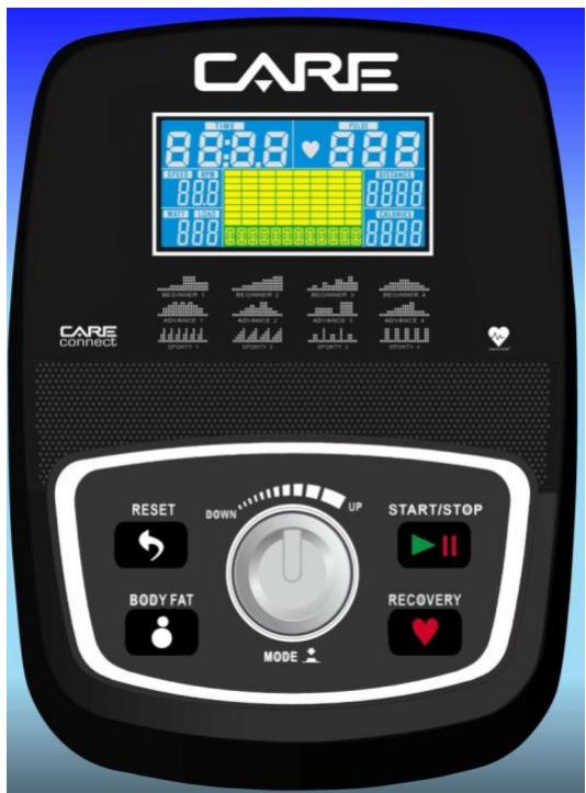 CARE 8:8:8.8 ♥ 8:8 8:8 8:8 8:8 8:8 8:8 8:8 8:8 8:8 8:8 8:8 8:8 8:8 8:8 8:8 8:8 8:8 8:8 RESET DOWN UP START/STOP BODY FAT RECOVERY MODE