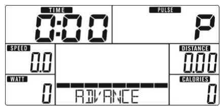TIME 0:00 PULSE P SPEED 0.0 DISTANCE 0.00 WATT 0 BALANCE CALORIES 0