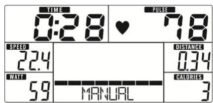 TIME 0:28 ♥ 7.8 SPEED 22.4 WAIT 5.9 MANUAL DISTANCE 0.34 CALORIES 3