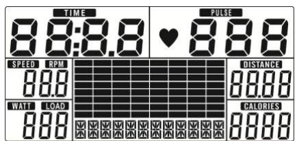 TIME 8:00:00 PULSE 8:00 SPEED RPM 8.00 WATT LOAD 8.00 DISTANCE 8.00 CALORIES 8.00