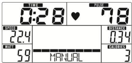 TIME 0:28 ♥ 7.8 SPEED 22.4 WATT 59 MANUAL DISTANCE 0.34 CALORIES 3