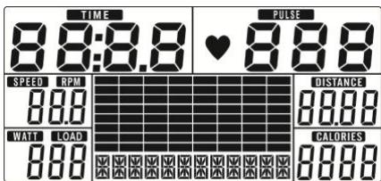 TIME 8:8:8.8 ♥ 8:8.8 SPEED RPM 0.0 WATT LOAD 8.8 PULSE DISTANCE 0.0.0 CALORIES 0.0.0