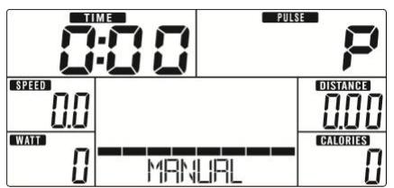 TIME 0:00 PULSE P SPEED 0.0 WATI 0 MANUAL DISTANCE 0.00 CALORIES 0