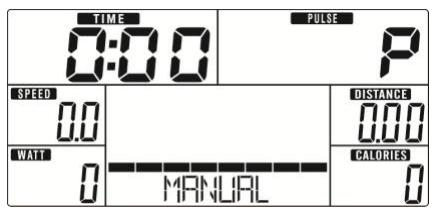 TIME 0:00 PULSE P SPEED 0.0 WATT 0 MANUAL DISTANCE 0.00 CALORIES 0