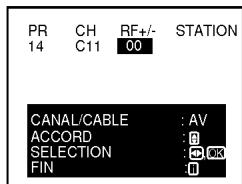 PR CH RF+/- STATION 14 C11 00 CANAL/CABLE : AV ACCORD : 0 SELECTION : +0 OK FIN : 0