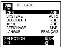 REGLAGE OPR ARR. SYSTEME AUTO DECODEUR ARR. 16 : 9 ARR. AFFICHAGE MAR. LANGUE FRANÇAIS SELECTION :8,03 FIN :0