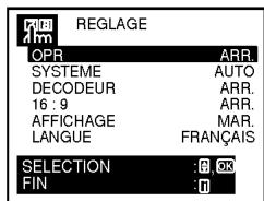REGLAGE OPR ARR. SYSTEME AUTO DECODEUR ARR. 16 : 9 ARR. AFFICHAGE MAR. LANGUE FRAUNÇAIS SELECTION :8.6X FIN :0