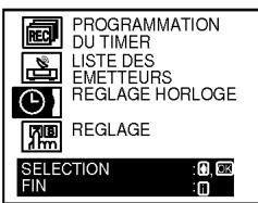 PROGRAMMATION DU TIMER LISTE DES EMETTEURS REGLAGE HORLOGE REGLAGE SELECTION : 300 FIN : 0