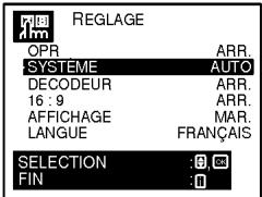 REGLAGE OPR ARR. SYSTEME AUTO DECODEUR ARR. 16 : 9 ARR. AFFICHAGE MAR. LANGUE FRAUNÇAIS SELECTION :0 FIN :0