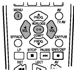 MENU I PROG. VOL HORLOGE D.K. COMPT PROG. VOL EFFACE LP STOP PAUSE ENR/DEP RET LECT AV TV AV ZAPPUB