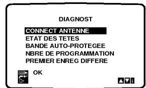 DIAGNOST CONNECT ANTENNE ETAT DES TETES BANDE AUTO-PROTEGEE NBRE DE PROGRAMMATION PREMIER ENREG DIFFERE OK